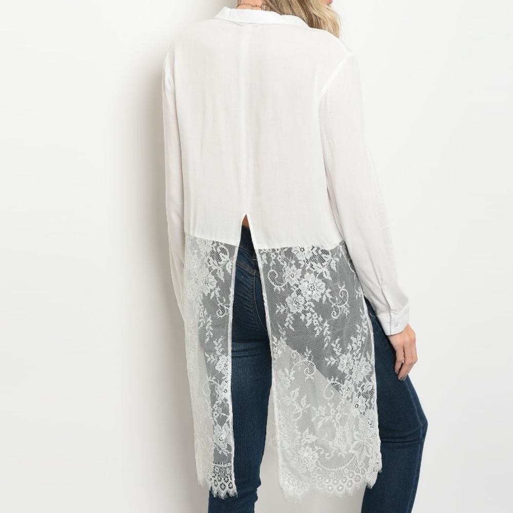 Ivory Tunic Lace Trim Button Down Shirt - Picture 4 of 7